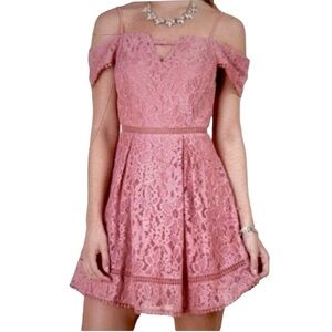 Francesca’s Dusty Rose Lace Off Shoulder Dress